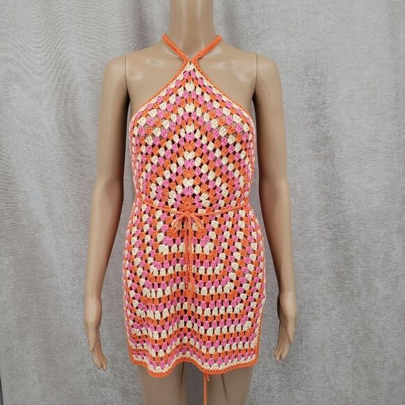 Davi & Dani Multicolor Orange Pink Crochet Halter Layered Wrap Tie Waist Dress - Picture 2 of 13
